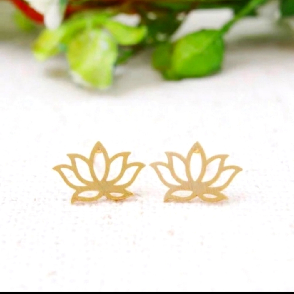 BOHO Gold Tone Lotus Flower Stud Earrings